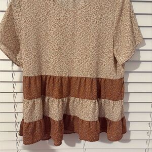 Paper Crane Tan and Brown Tiered Short Sleeve Blouse